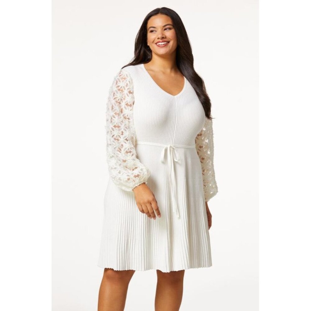 Cato Off-White Ribbed Sweater Dress Long Sleeves with‎ Tie Size XL New Knit